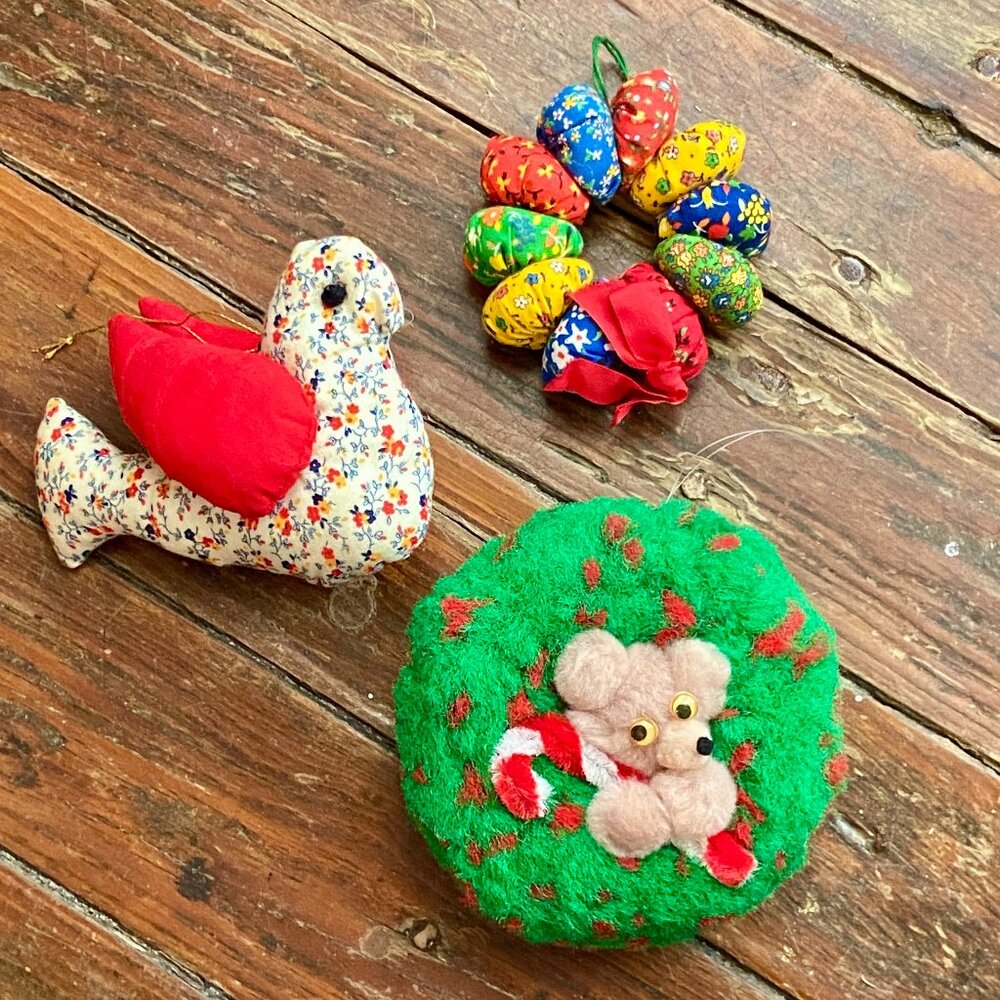 Vintage Lot 3 Christmas Dove Bird Wreath Bear Candy Cane Holiday Tree Ornaments
